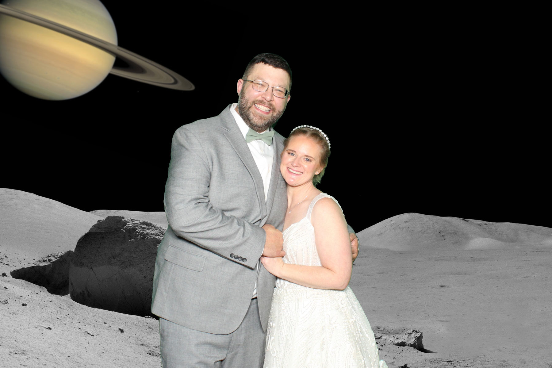 Green Screen Photo Booth photo of a newly married couple with an outer space background
